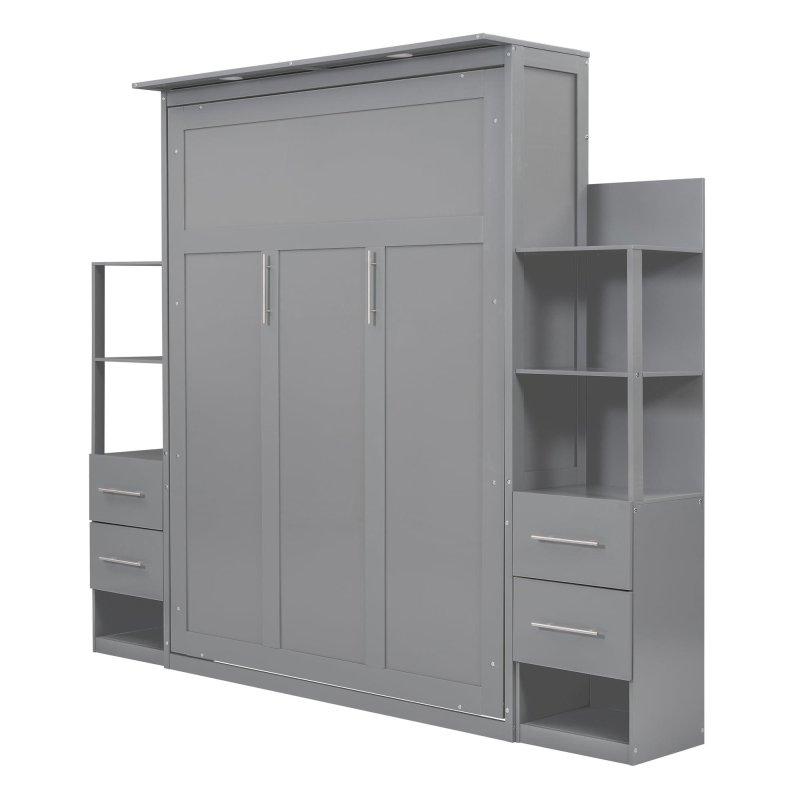 Gri MDF Raflı Çekmeceli LED Aydınlatmalı Duvar Yatağı - 263462