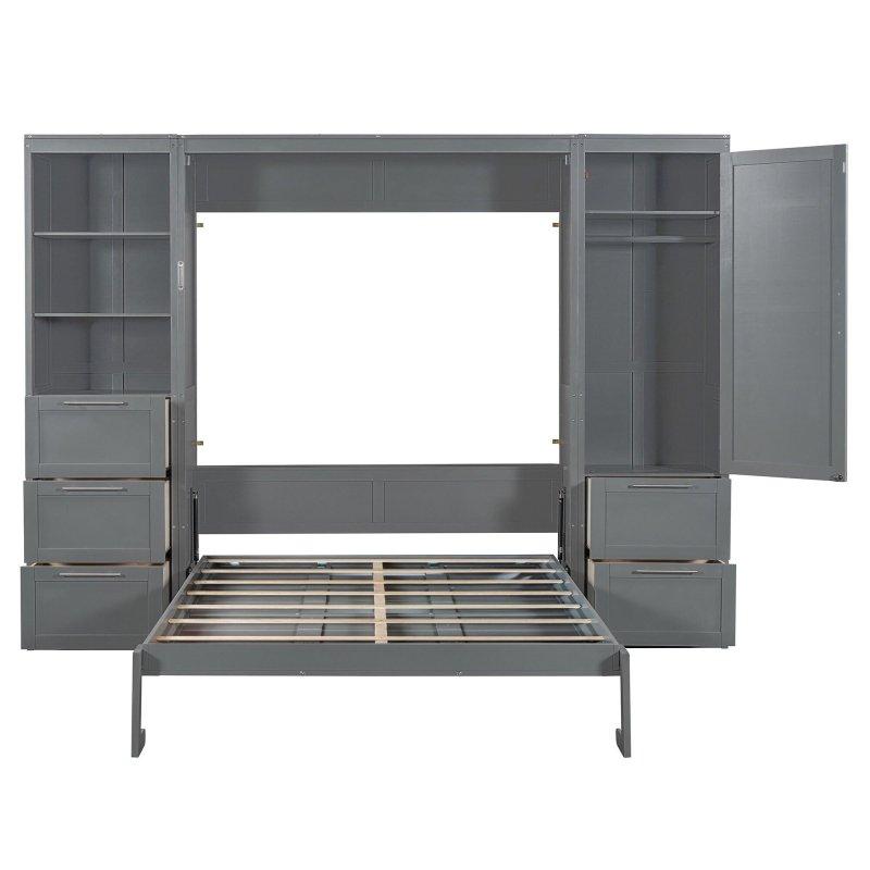 Gri MDF Raflı Çekmeceli ve Yan Dolaplı Duvar Yatağı - 306x211 cm - 262241