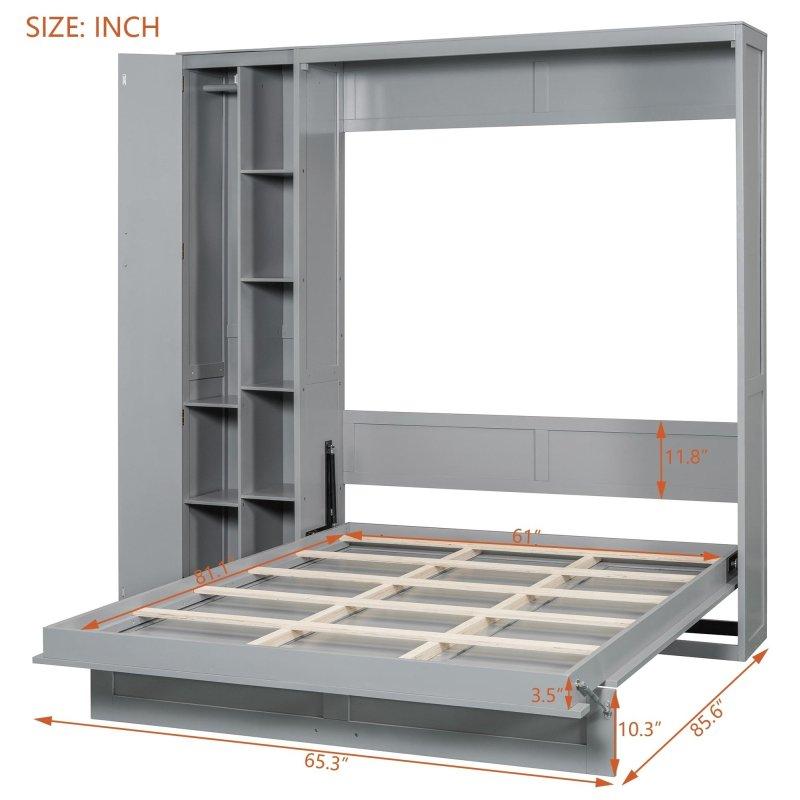 Gri MDF Raflı Gardıroplu ve LED Aydınlatmalı Çift Kişilik Duvar Yatağı - 262652