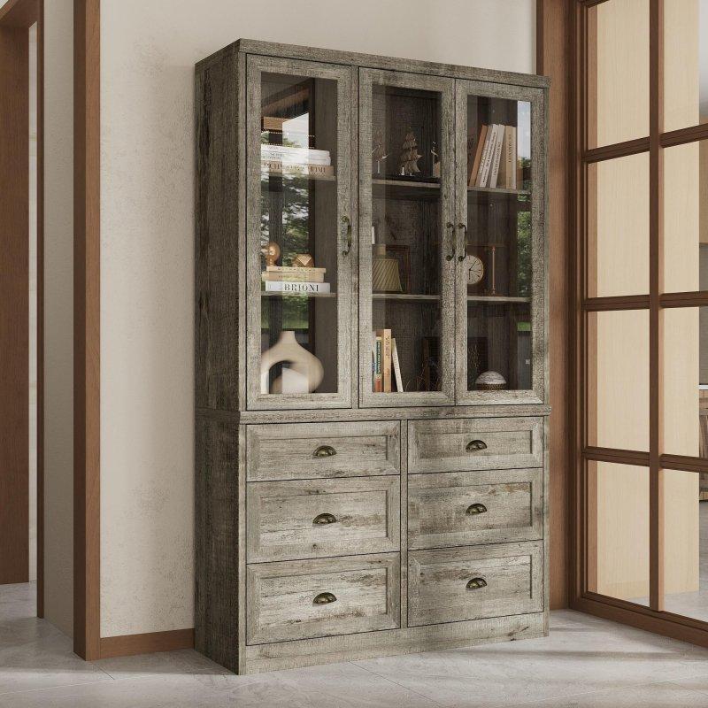 Gri MDF Rustik 8 Çekmeceli Cam Kapaklı Kitaplık - 120x200x39 cm - 239447