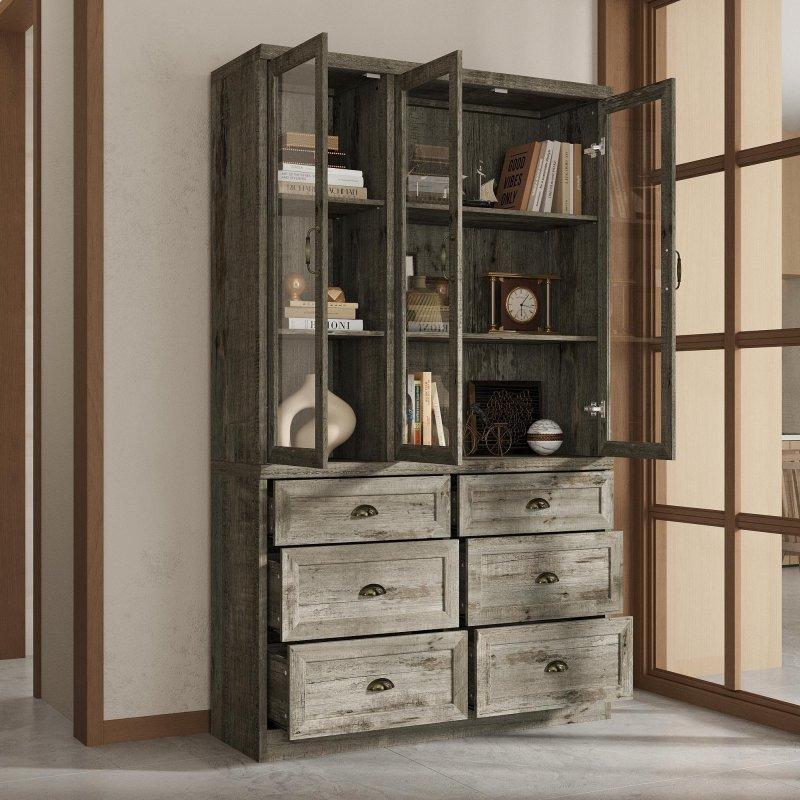 Gri MDF Rustik 8 Çekmeceli Cam Kapaklı Kitaplık - 120x200x39 cm - 239447