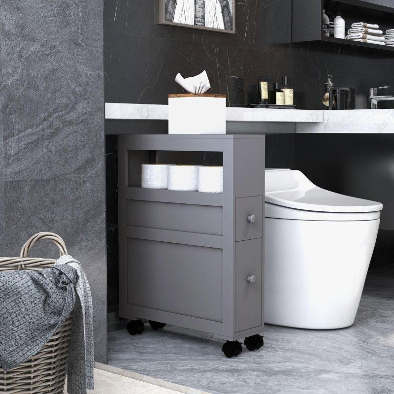 Gri MDF Tekerlekli 2 Çekmeceli Dar Çok Amaçlı Banyo Dolabı - 17x53x72 cm - 333566