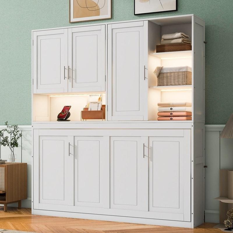 Gri MDF Üst Dolaplı Raflı Aydınlatmalı ve USBli Tek Kişilik Duvar Yatağı - 212x40x230 cm - 267069