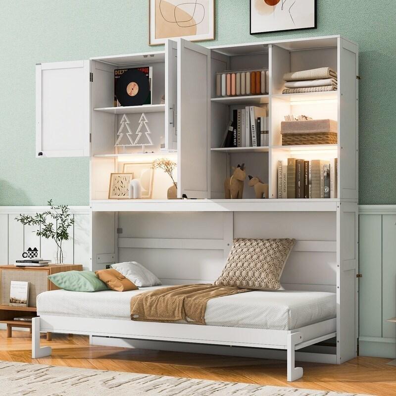 Gri MDF Üst Dolaplı Raflı Aydınlatmalı ve USBli Tek Kişilik Duvar Yatağı - 212x40x230 cm - 267069