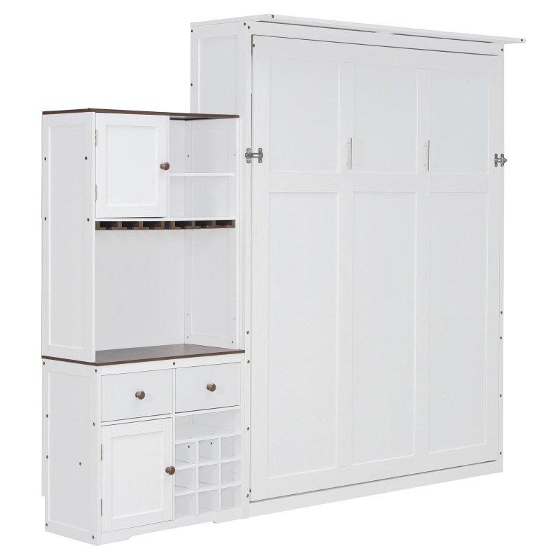 Gri MDF ve Çam Ağacı Yan Dolaplı Şaraplıklı ve LED Aydınlatmalı Queen Duvar Yatağı - 265232