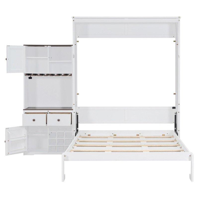 Gri MDF ve Çam Ağacı Yan Dolaplı Şaraplıklı ve LED Aydınlatmalı Queen Duvar Yatağı - 265232