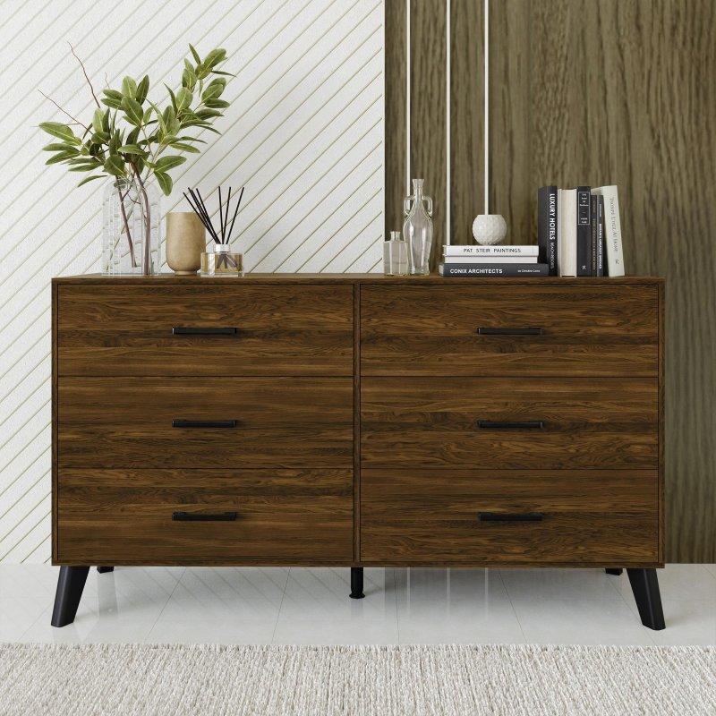 Gri MDF ve Kauçuk Ağacı Metal Raylı 6 Çekmeceli Şifonyer - 134x38x81 cm - 296401
