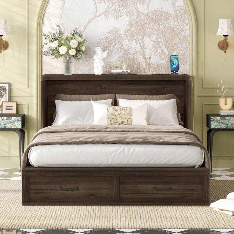 Gri MDF ve Kontrplak Dahili Şarj İstasyonlu Çekmeceli Dolaplı Duvar Yatağı - 206x157 cm - 265493