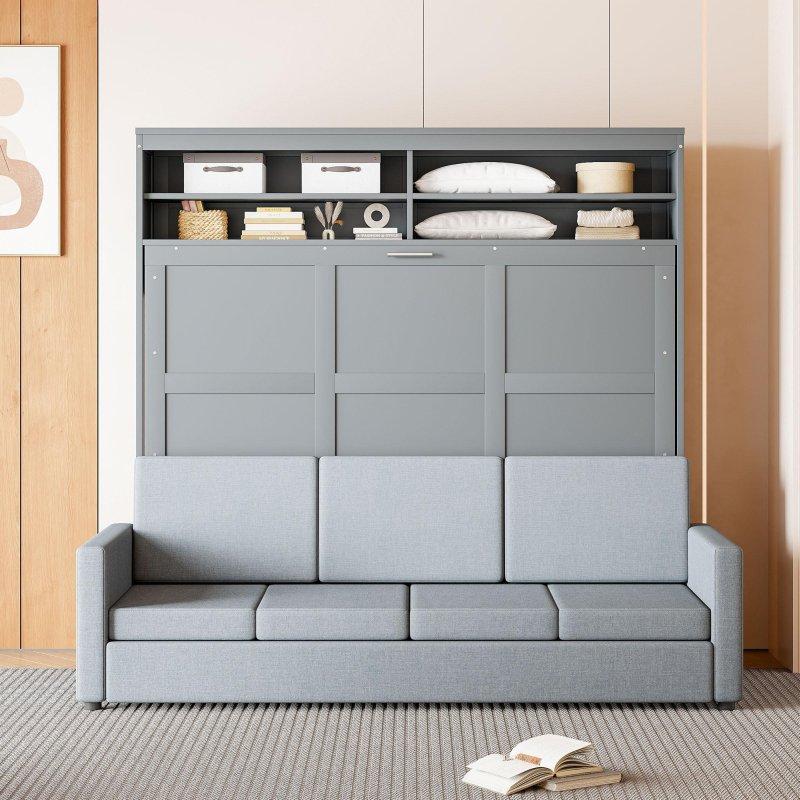 Gri MDF ve Kontrplak Koltuklu Çift Pistonlu Mekanizmalı Duvar Yatağı - 237x173x219 cm - 264188