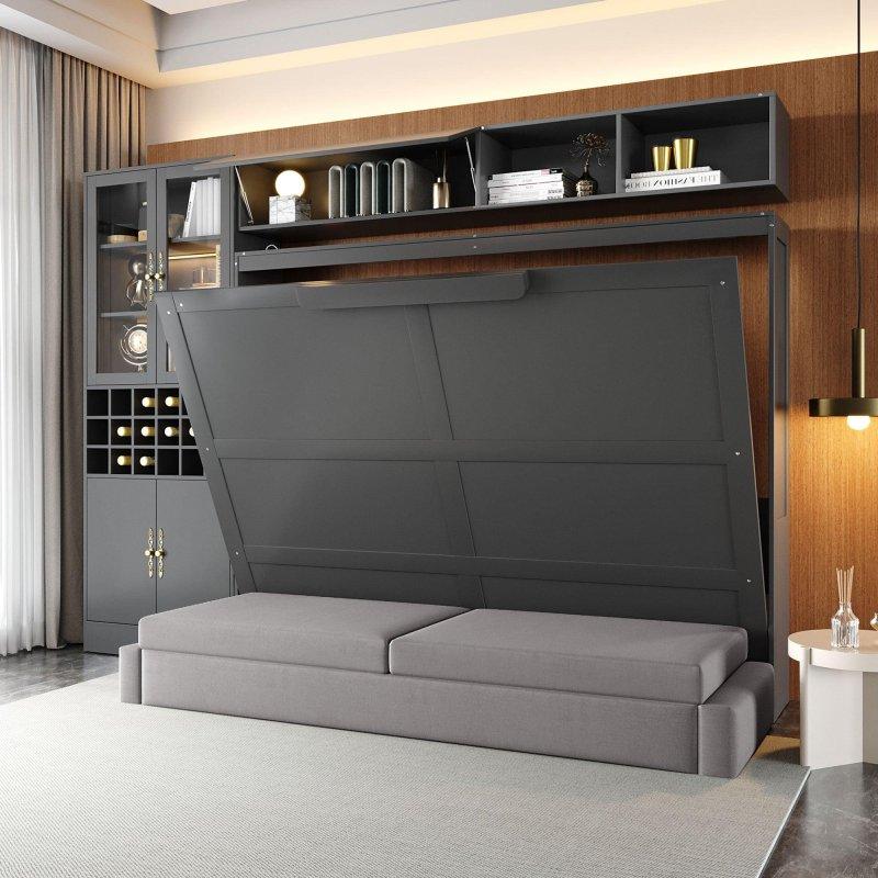 Gri MDF ve Kontrplak Koltuklu Depolamalı Duvar Yatağı - 290 cm - 264261