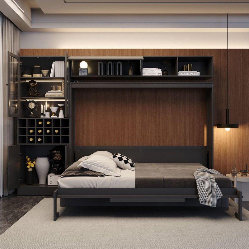 Gri MDF ve Kontrplak Koltuklu Depolamalı Duvar Yatağı - 290 cm - 264261