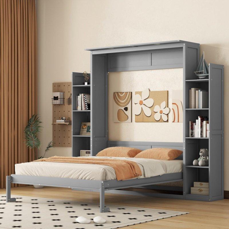 Gri MDF ve Kontrplak LED Aydınlatmalı Çift Kişilik Duvar Yatağı - 262456