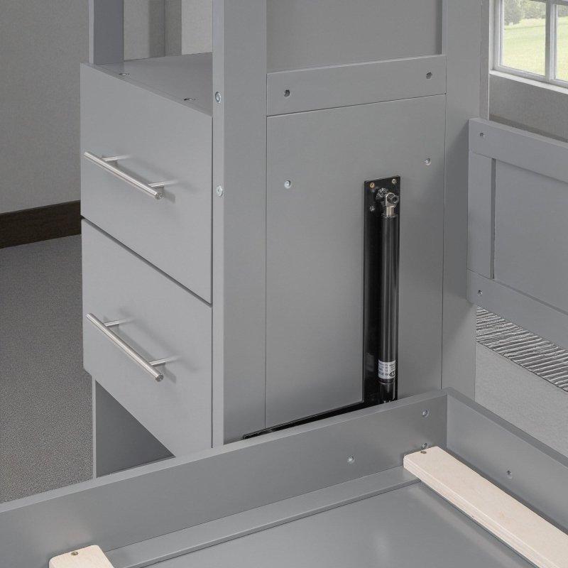 Gri MDF ve Kontrplak LED Aydınlatmalı Raflı Çekmeceli Duvar Yatağı - 261560