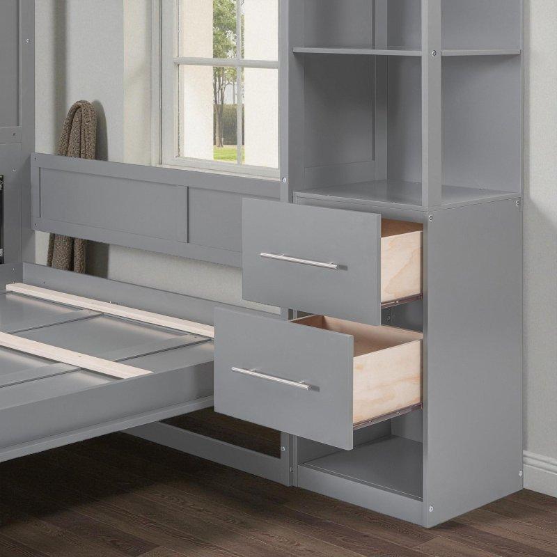 Gri MDF ve Kontrplak LED Aydınlatmalı Raflı Çekmeceli Duvar Yatağı - 261560