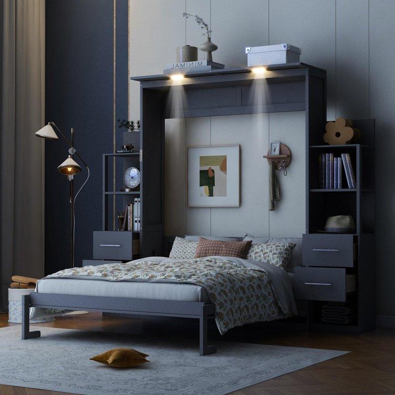 Gri MDF ve Kontrplak LED Aydınlatmalı Raflı Çekmeceli Duvar Yatağı - 266828