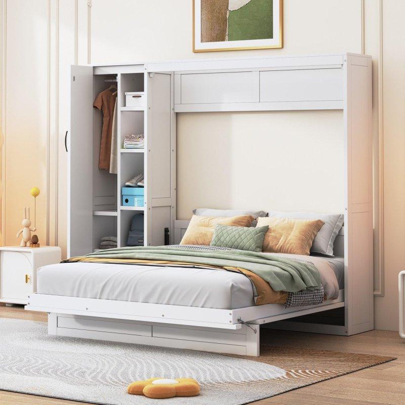 Gri MDF ve Kontrplak LED Aydınlatmalı Raflı ve Gardıroplu Çift Kişilik Duvar Yatağı - 261252