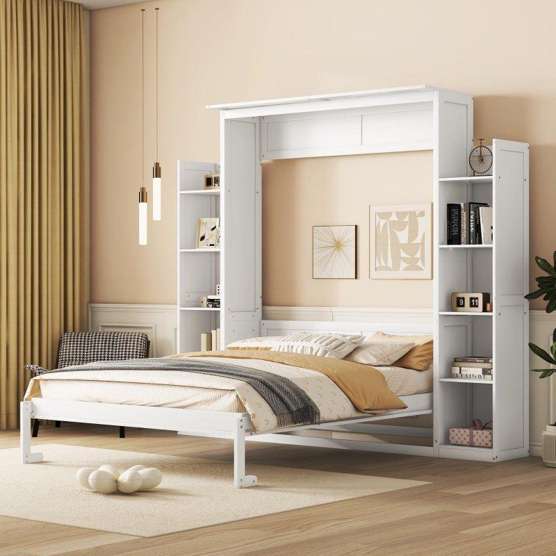 Gri MDF ve Kontrplak LED Aydınlatmalı ve Dolaplı Çift Kişilik Duvar Yatağı - 262878