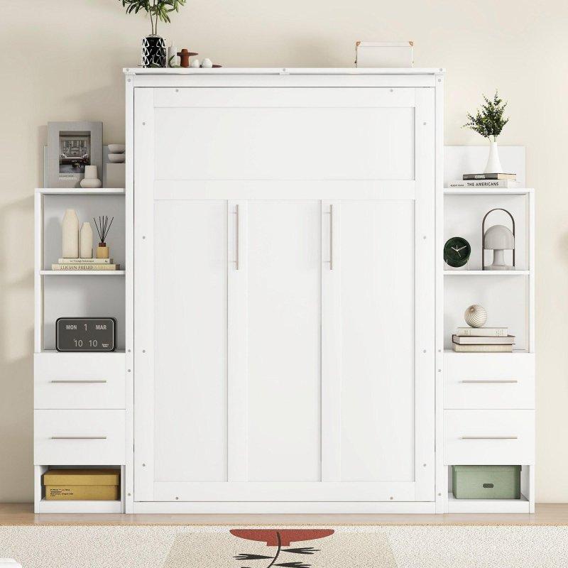 Gri MDF ve Kontrplak LED Işıklı Raflı Çekmeceli Duvar Yatağı - 263528