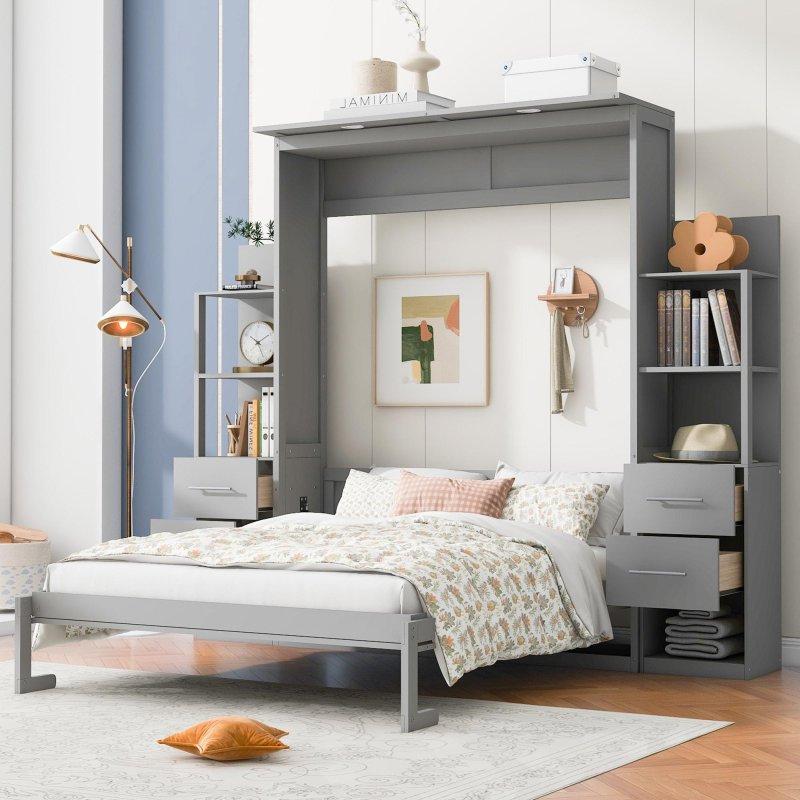 Gri MDF ve Kontrplak Raflı Çekmeceli ve LED Aydınlatmalı Duvar Yatağı - 267154