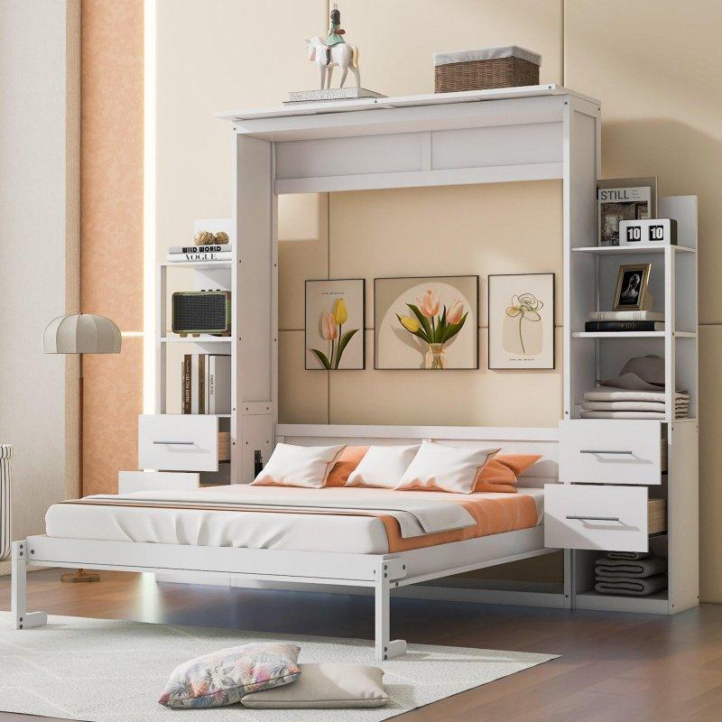 Gri MDF ve Kontrplak Raflı Çekmeceli ve LED Aydınlatmalı Duvar Yatağı - 267154