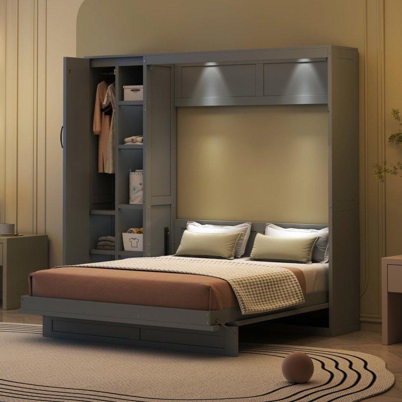 Gri MDF ve Kontrplak Raflı Gardıroplu LED Aydınlatmalı Çift Kişilik Duvar Yatağı - 261311