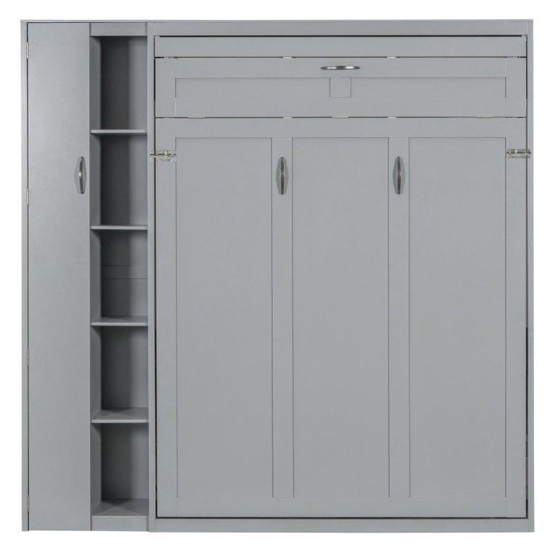 Gri MDF ve Kontrplak Raflı Gardıroplu LED Aydınlatmalı Çift Kişilik Duvar Yatağı - 261311