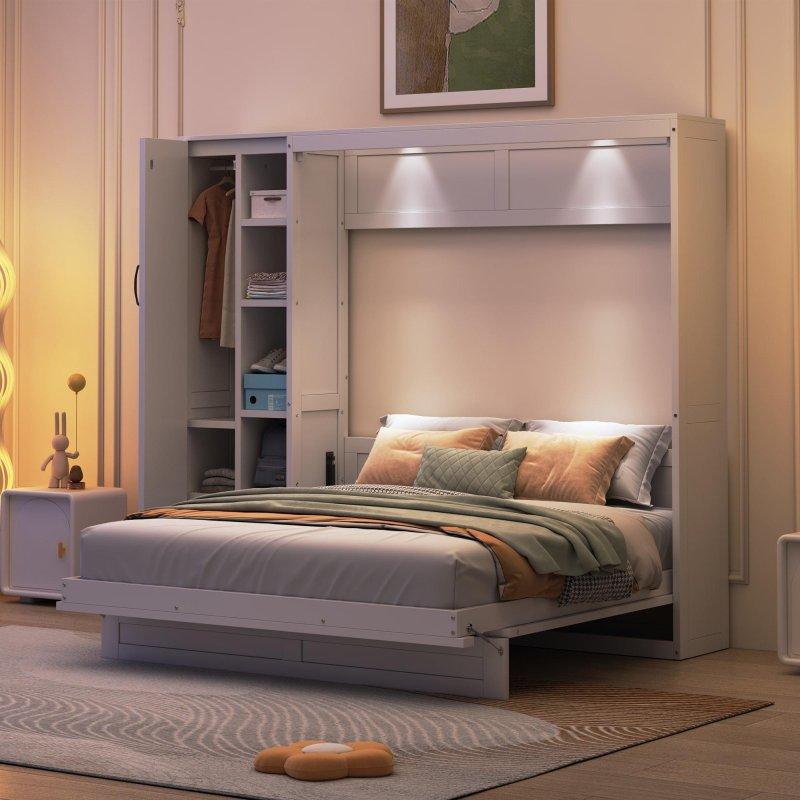 Gri MDF ve Kontrplak Raflı Gardıroplu LED Aydınlatmalı Duvar Yatağı - 263053