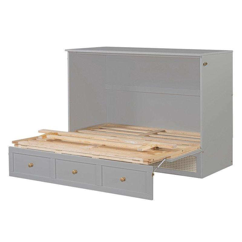 Gri MDF ve Kontrplak Rattan Desenli Çekmeceli Duvar Yatağı - 138x192 cm - 267150