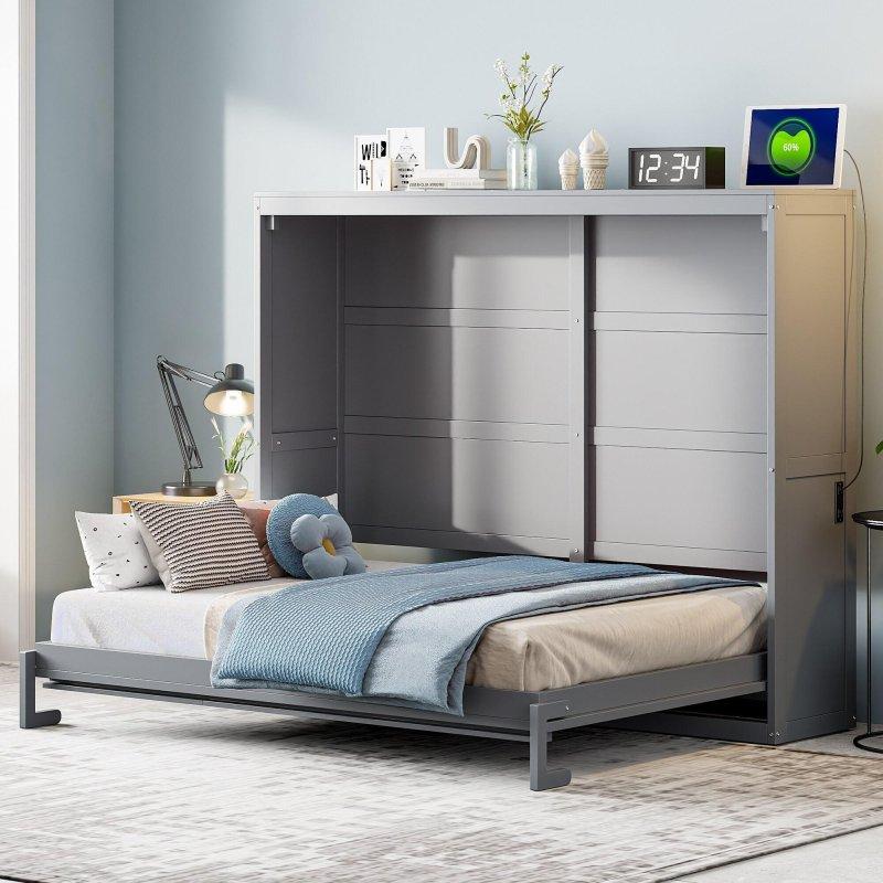 Gri MDF ve Kontrplak Rattan Tasarımlı Dolaplı Duvar Yatağı - 265515