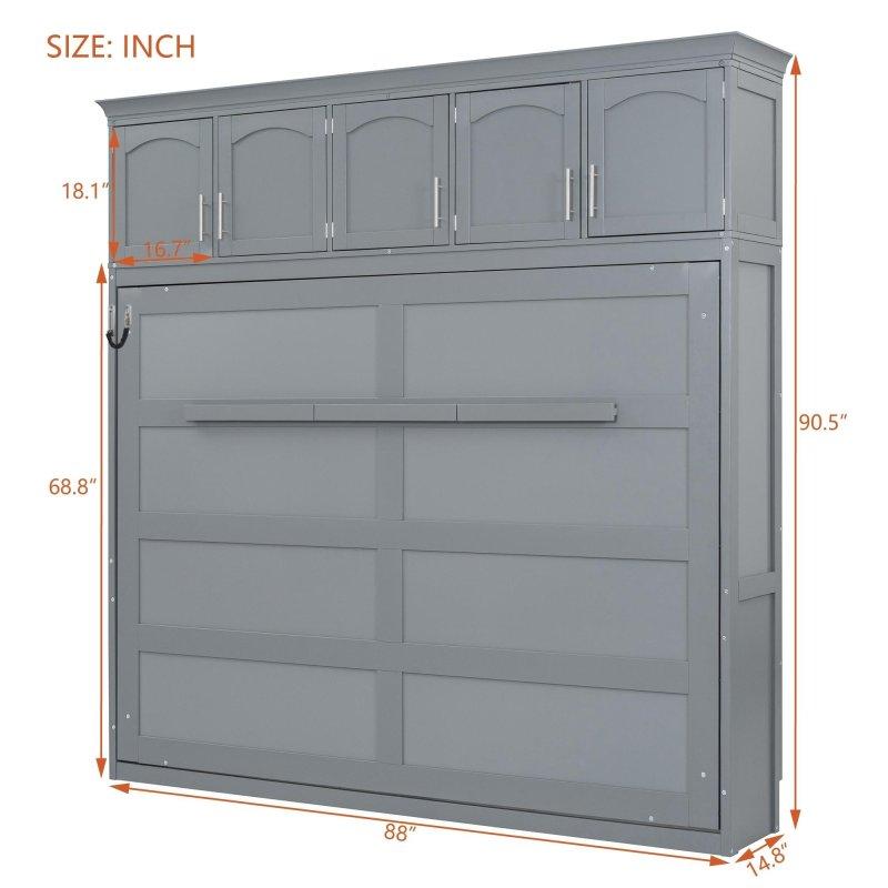 Gri MDF ve Kontrplak Üst Dolaplı Pistonlu Queen Duvar Yatağı - 263931