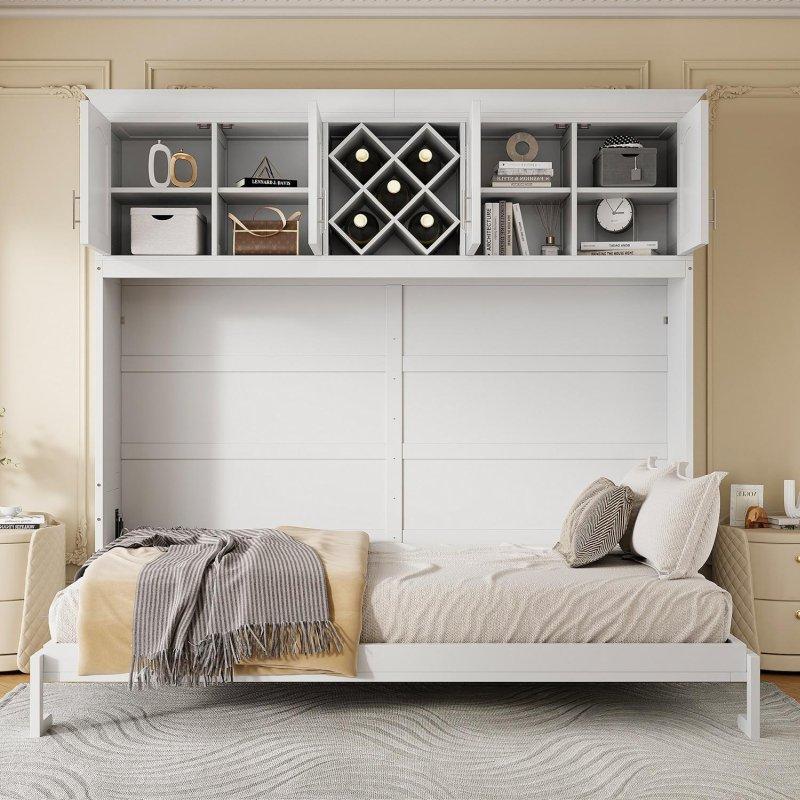 Gri MDF ve Kontrplak Üst Dolaplı Şarap Raflı Duvar Yatağı - 224x173x230 cm - 265440