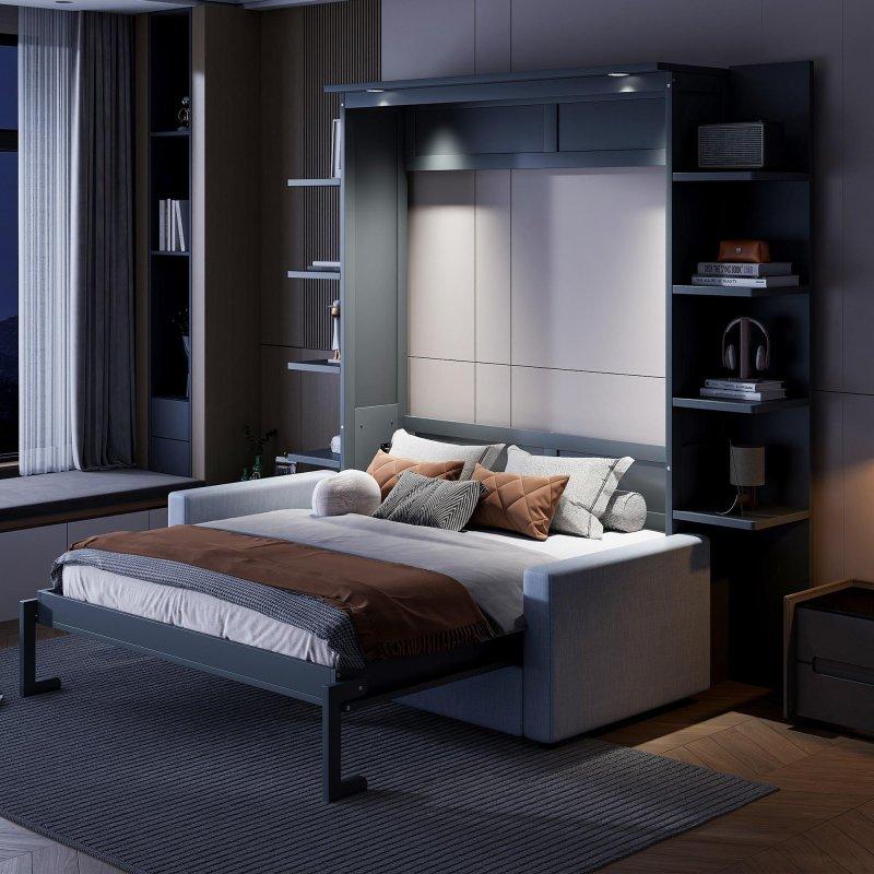 Gri MDF ve LVL Koltuklu Katlanır Queen Boy Duvar Yatağı - 261012