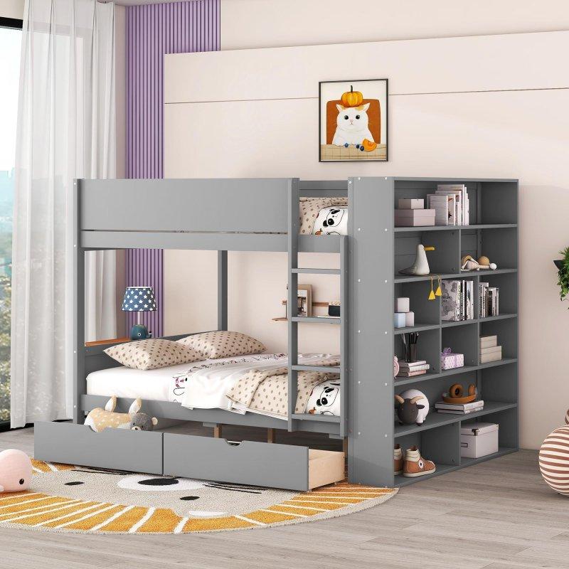 Gri MDF ve Masif Ahşap Çekmeceli Dolaplı Ranza - 250606