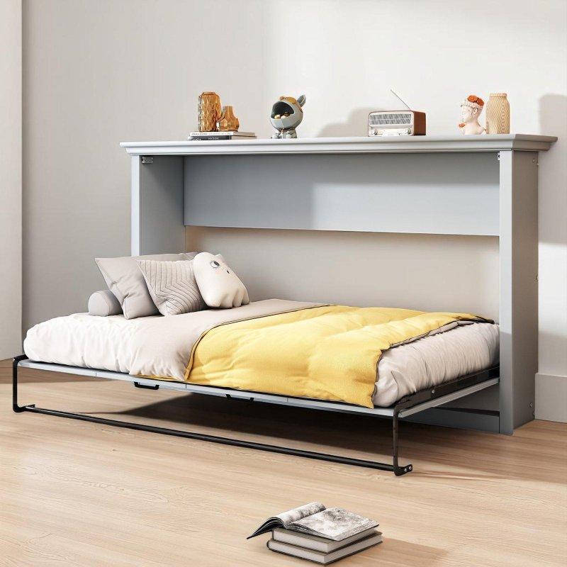 Gri MDF ve Metal Dolaplı Tek Kişilik Duvar Yatağı - 100x194 cm - 263753