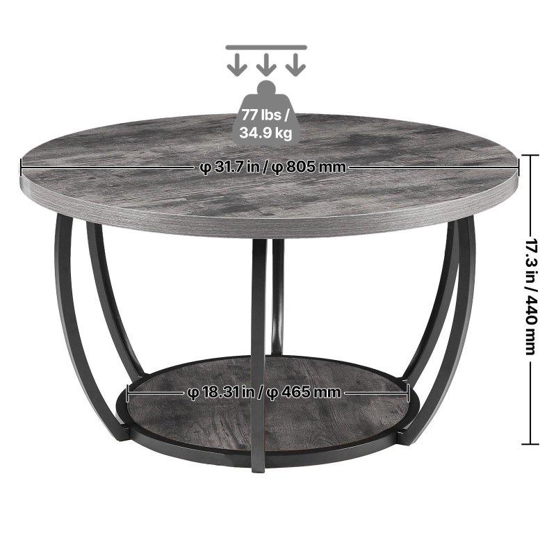 Gri MDF ve Metal İki Katlı Açık Raflı Yuvarlak Orta Sehpa - 81x44 cm - 241851