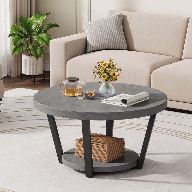 Gri MDF ve Metal İki Katlı Raflı Yuvarlak Orta Sehpa - 82 cm - 244908