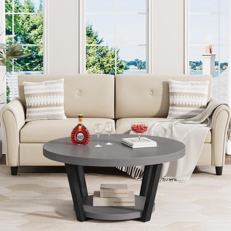Gri MDF ve Metal İki Katlı Raflı Yuvarlak Orta Sehpa - 82 cm - 244908