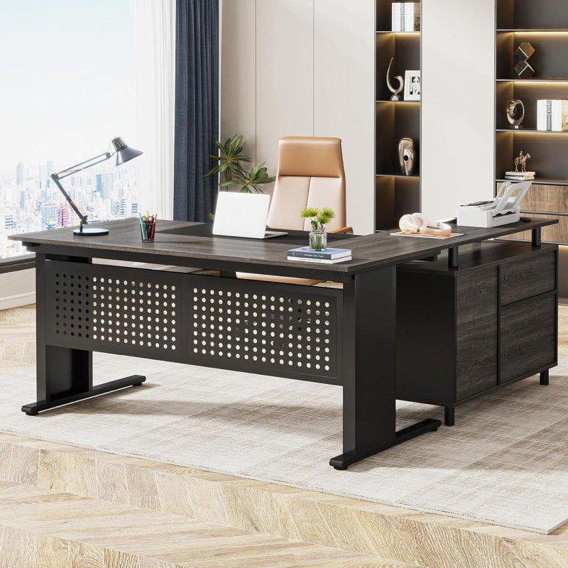 Gri MDF ve Metal L Tipi Dosya Dolaplı Raflı Ofis Masası - 161 cm - 328035