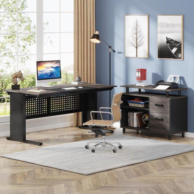 Gri MDF ve Metal L Tipi Dosya Dolaplı Raflı Ofis Masası - 161 cm - 328035