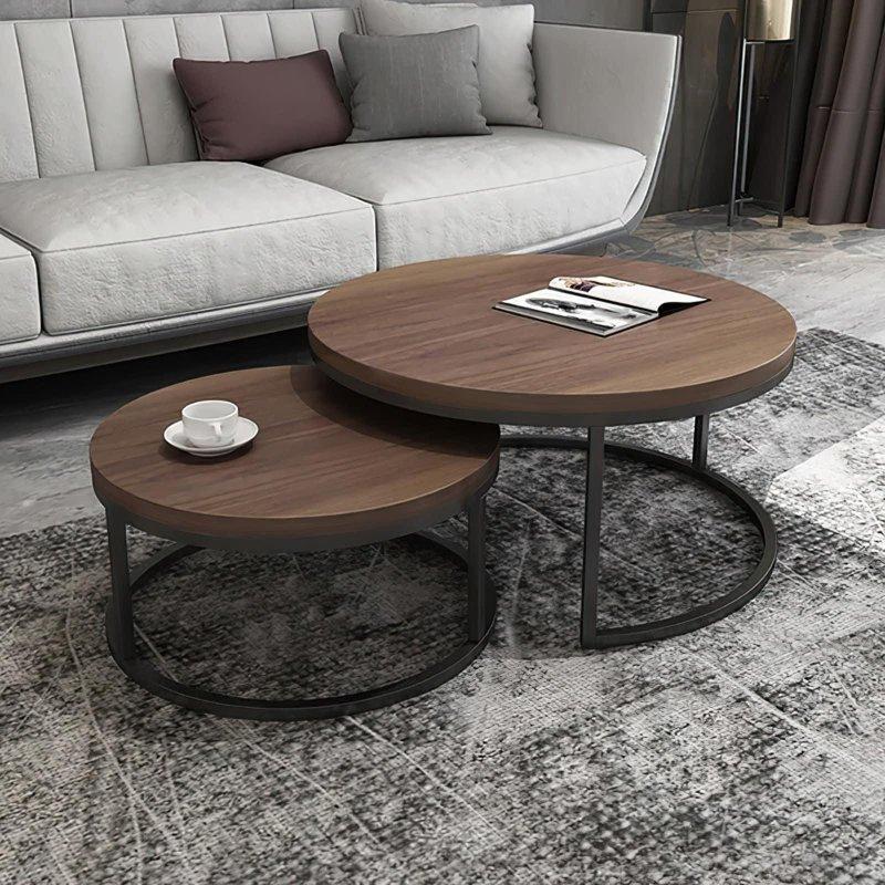 Gri MDF ve Siyah Metal 2li İç İçe Geçen Yuvarlak Orta Sehpa - 81 cm - 241896