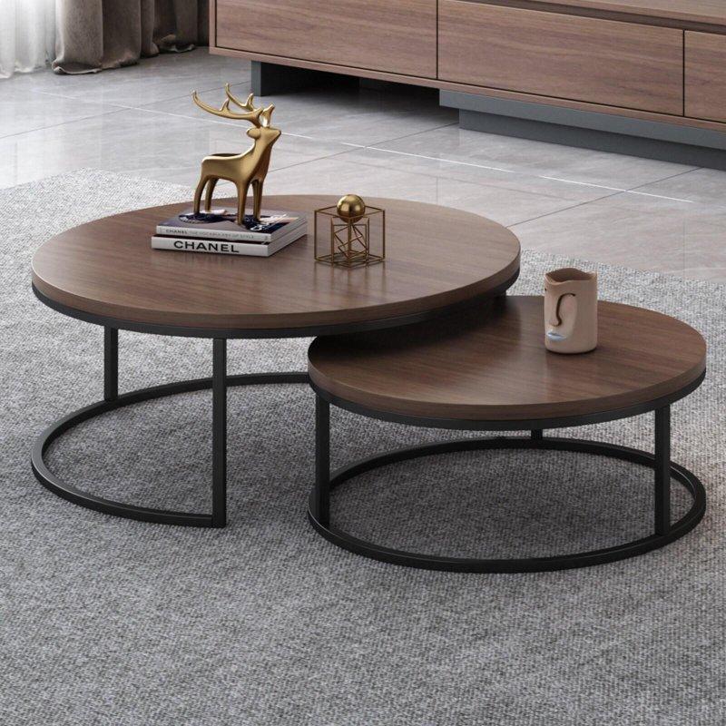 Gri MDF ve Siyah Metal 2li İç İçe Geçen Yuvarlak Orta Sehpa - 81 cm - 241896