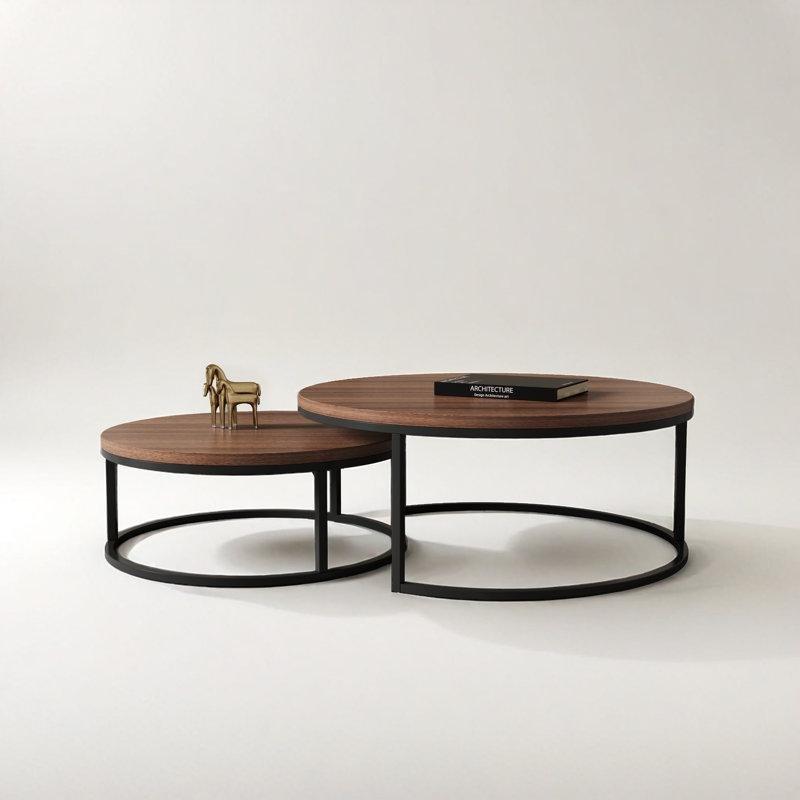Gri MDF ve Siyah Metal Ayaklı İç İçe Geçen 2li Yuvarlak Orta Sehpa - 245922