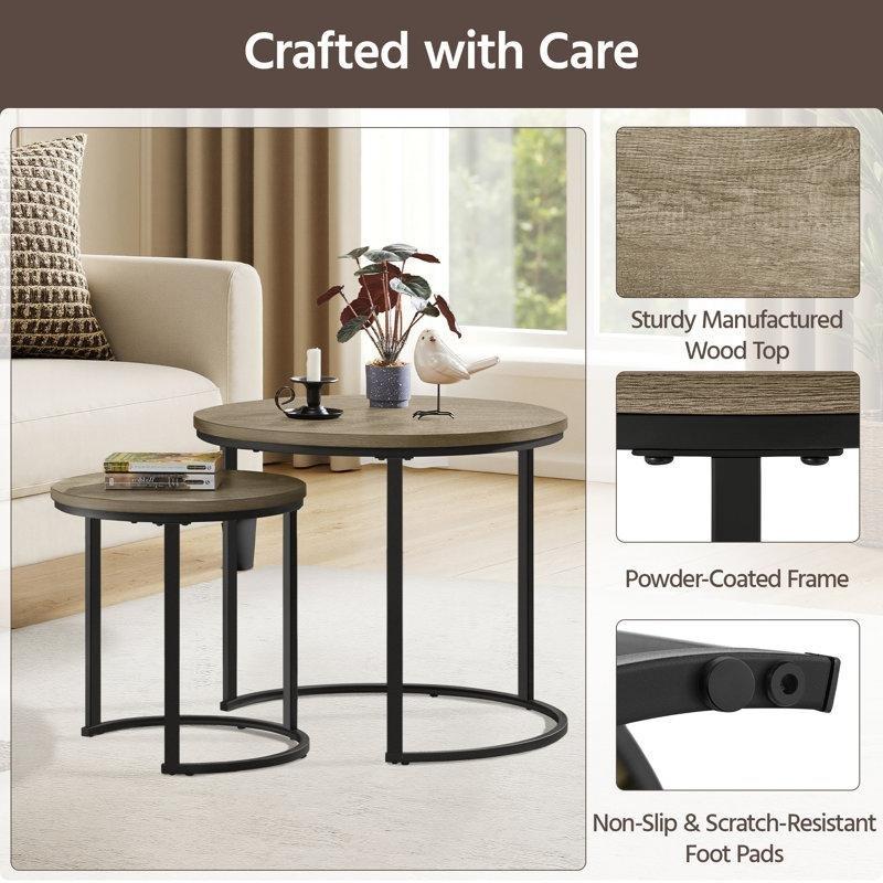 Gri MDF ve Siyah Metal Zigon Yuvarlak Orta Sehpa Seti - 61x61 cm - 245907