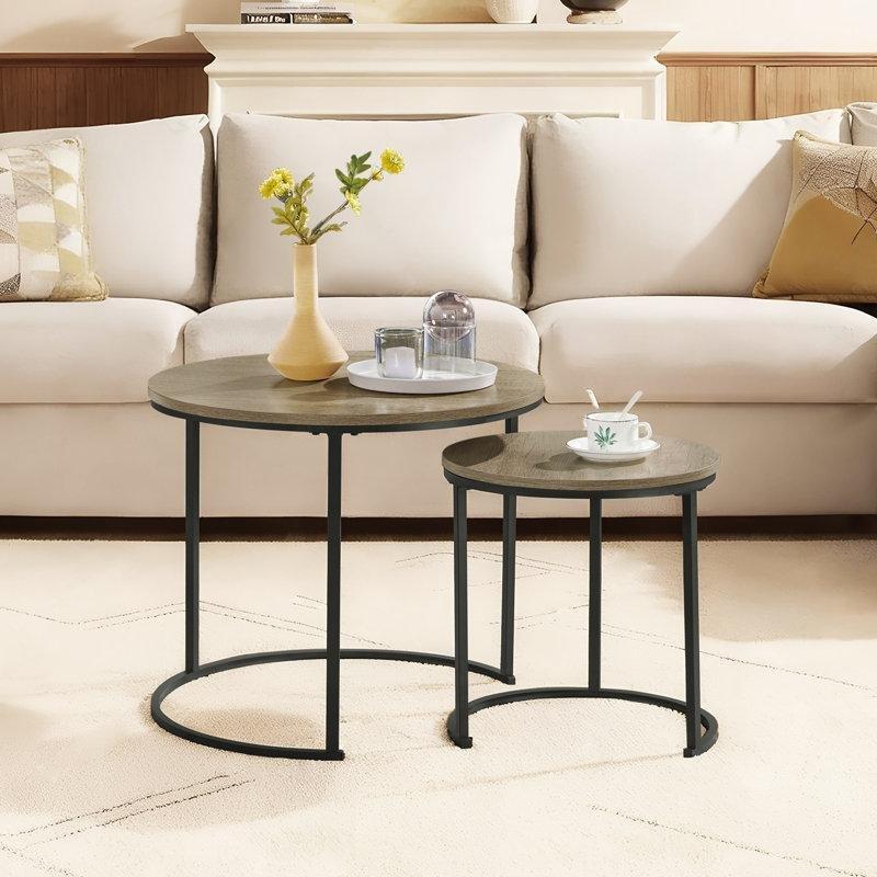 Gri MDF ve Siyah Metal Zigon Yuvarlak Orta Sehpa Seti - 61x61 cm - 245907