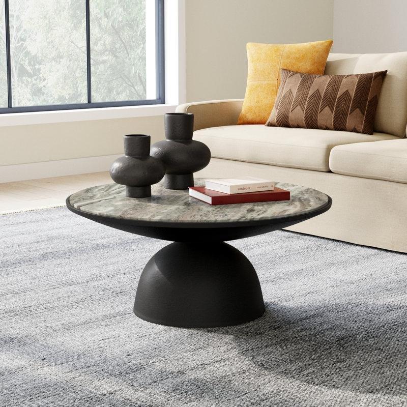 Gri Mermer Tablalı Alüminyum Kaide Ayaklı Yuvarlak Orta Sehpa - 90 cm - 245539