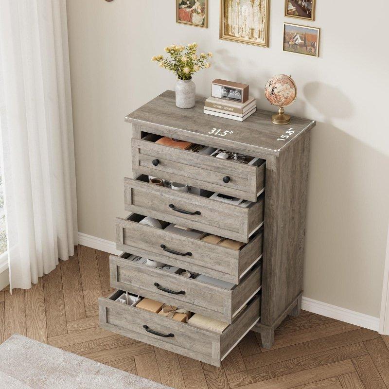Gri Meşe 5 Çekmeceli Yüksek Ayaklı Şifonyer - 81x41x105 cm - 301041