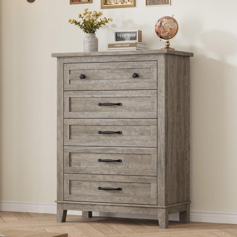 Gri Meşe 5 Çekmeceli Yüksek Ayaklı Şifonyer - 81x41x105 cm - 301041