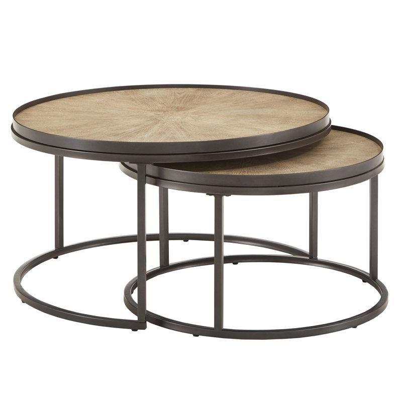 Gri Meşe Ahşap ve Siyah Metal Yıldız Desenli Zigon Yuvarlak Orta Sehpa Seti - 90 cm - 244064