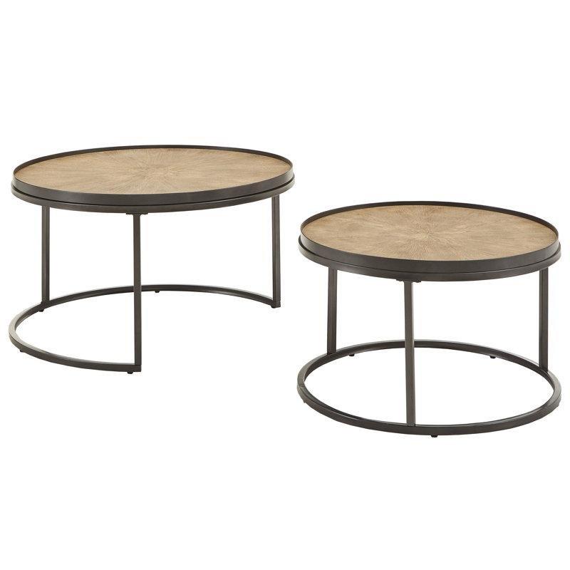 Gri Meşe Ahşap ve Siyah Metal Yıldız Desenli Zigon Yuvarlak Orta Sehpa Seti - 90 cm - 244064