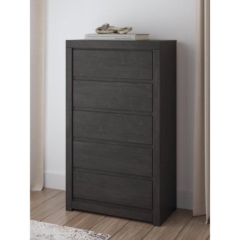 Gri Meşe Desenli Kulpsuz 5 Çekmeceli MDF Şifonyer - 81x138x40 cm - 305666